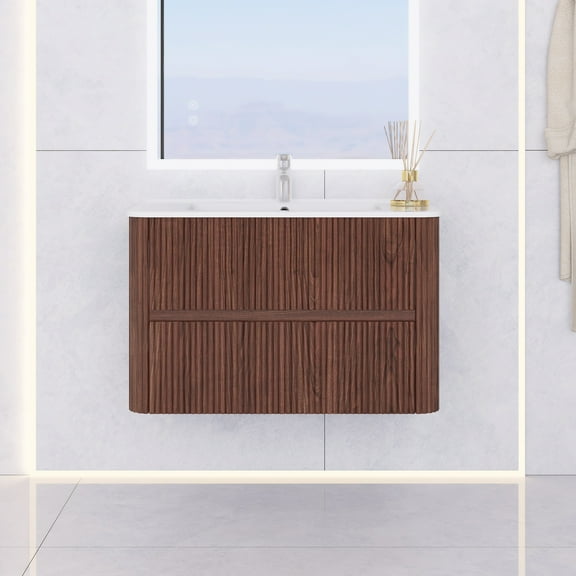 NOOR 30" Wall-Mounted Floating Plywood Bathroom Vanity in Deep Walnut with White Basin
