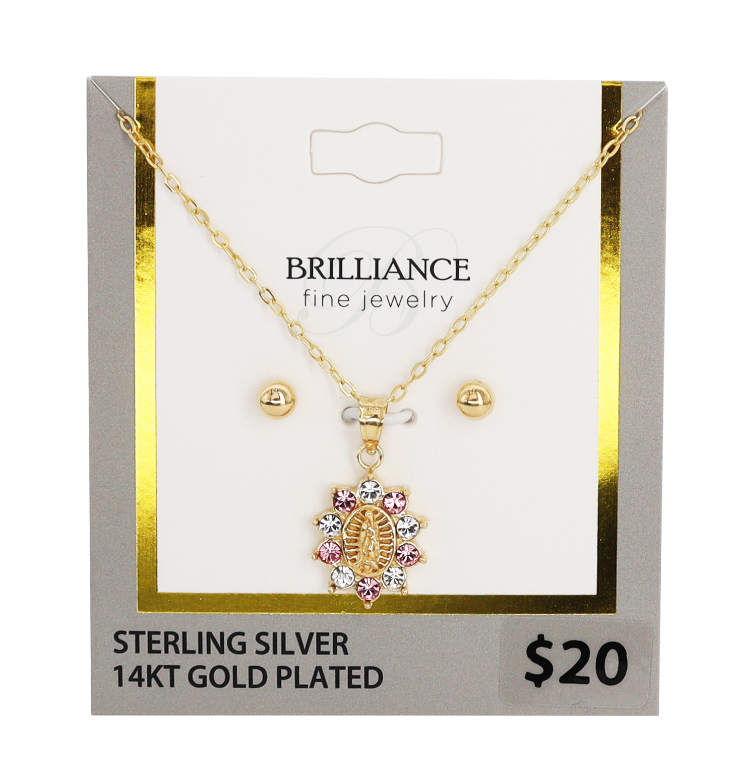 Brilliance Fine Jewelry 14K Gold Plated Sterling Silver Crystal Guadalupe Pendant & Studs Children’s Set