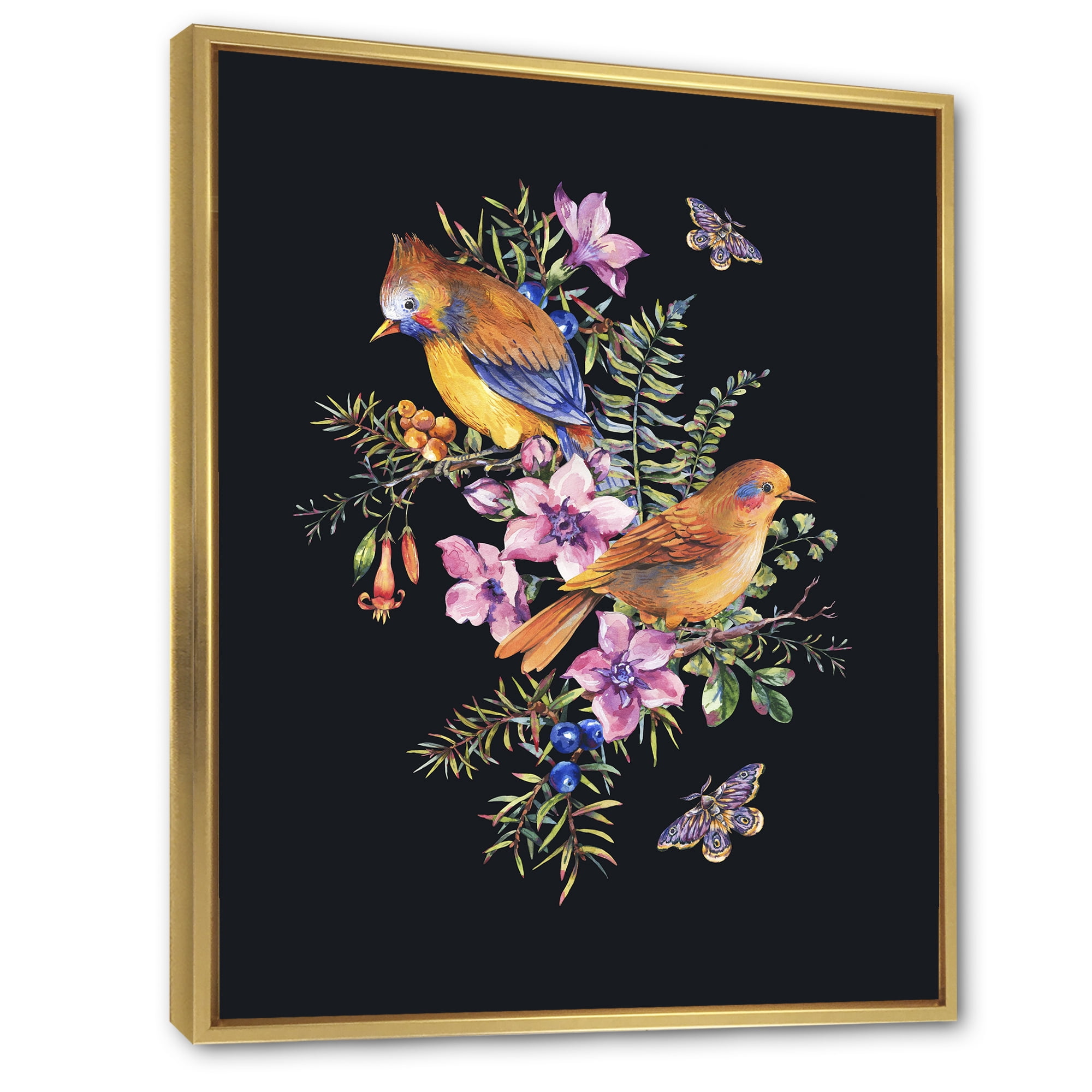 Designart 'Little Bird Sitting On Colourful Bouquet Of Wildflowers II' Traditional Framed Canvas Wall Art Print