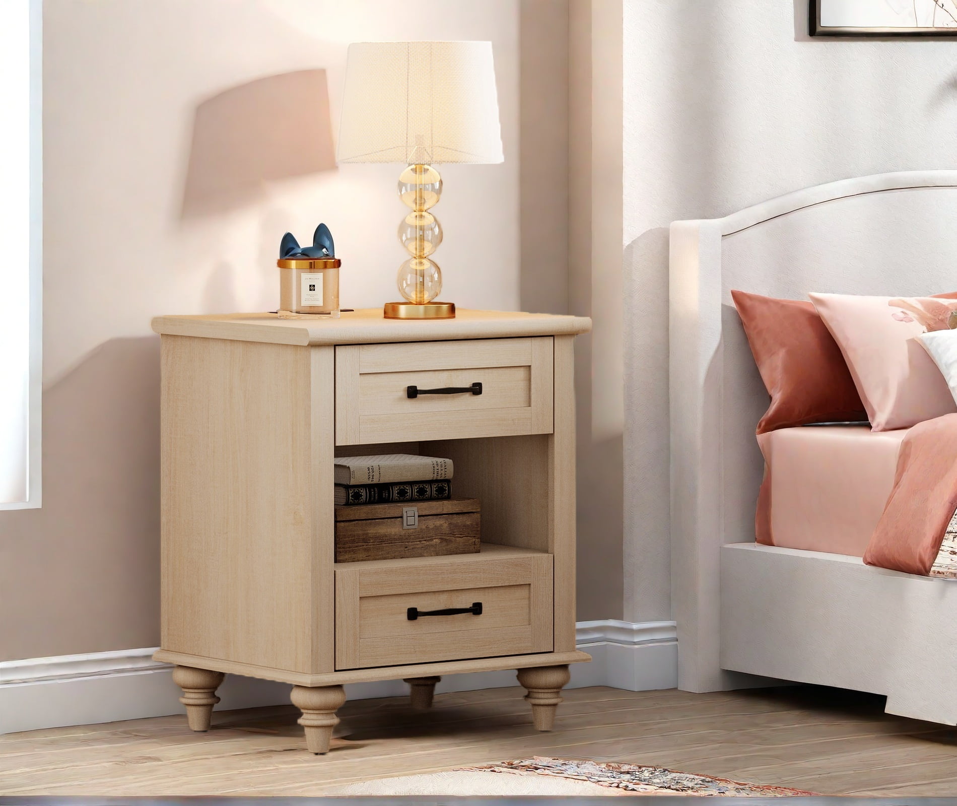 Set of 2 Side Tables with 2 Drawers, Beige End Table with Charging Station, Wooden Nightstand for Bedroom, Living Room