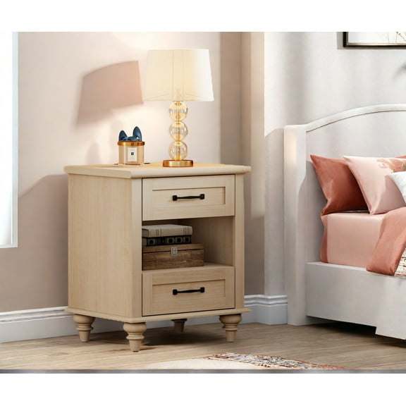 Beige End Table with 2 Drawers & Open Shelf, Wooden Side Table Nightstand with Charging Station for Living Room & Bedroom