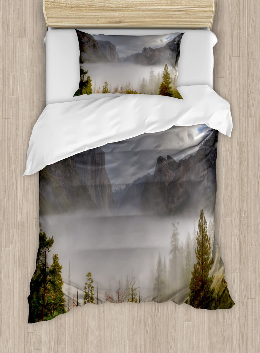 Ambesonne Yosemite Duvet Cover Set Twin size, Yosemite Valley Autumn View with Dark Clouds Heavy Haze Rainy Day Landscape Print, Decorative 2 Piece Bedding Set
