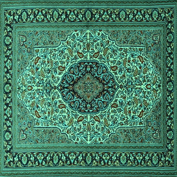 Ahgly Company Machine Washable Indoor Square Medallion Turquoise Blue Traditional Area Rugs, 7' Square