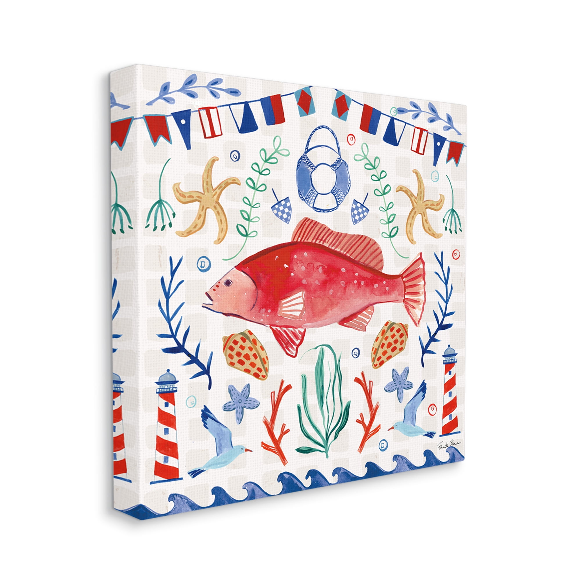 Stupell Industries Nautical Patterned Fish Animals & Insects Painting Gallery Wrapped Canvas Print Wall Art, 30 x 30