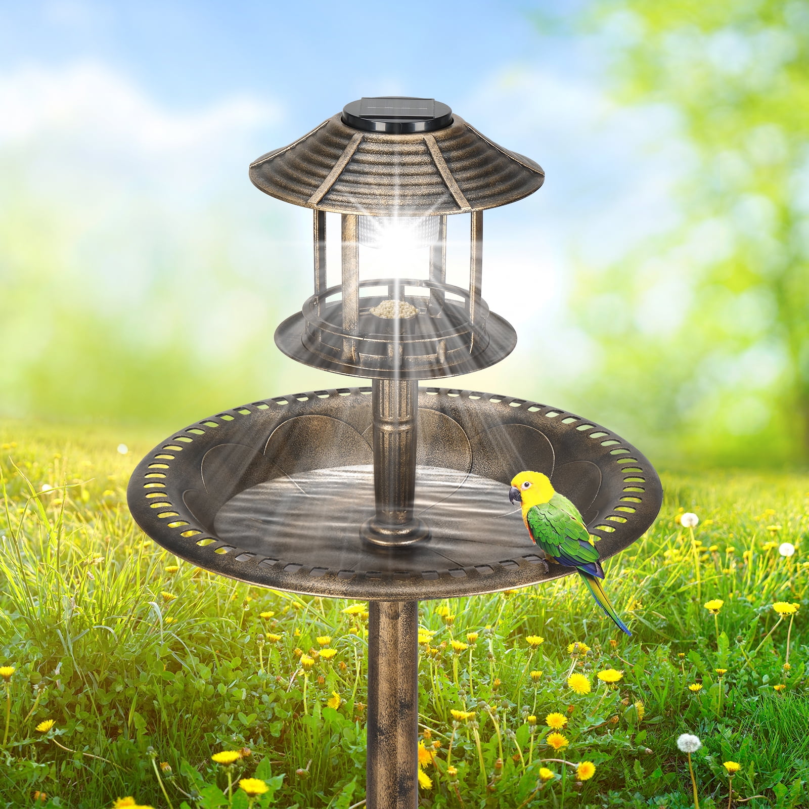 SamyoHome Wild Bird Bath Resin Pedestal Birdbaths with Solar Light