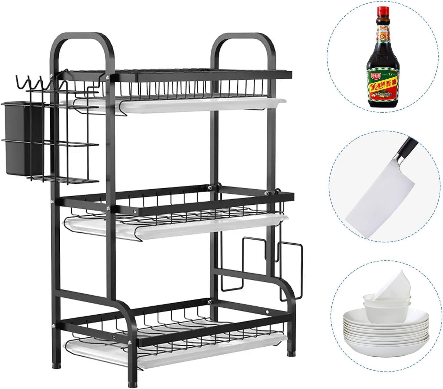 3 Tier Dish Drying Rack, Large Stainless Steel Over The Sink Dish with Drain Tray, Kitchen Dishes Drying Racks, Dish Racks for Kitchen Counter Storage (Black)$$Home Decor, Kitchen, & Other