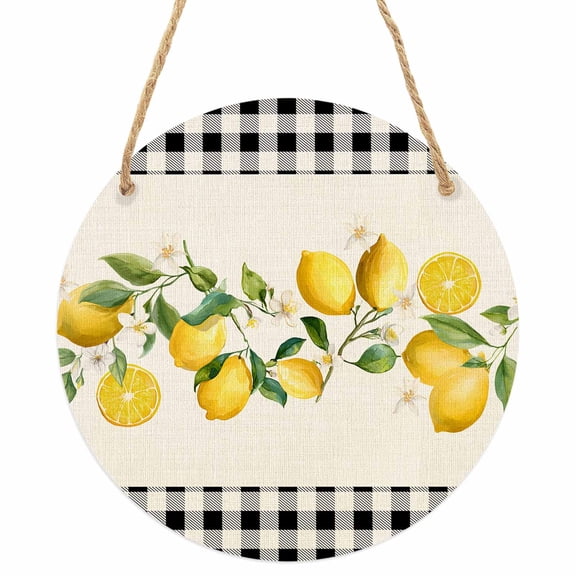 Yellow Lemons Round Front Door Welcome Sign, 5.9 Inch Wall Hanging Decor for Indoor Outdoor, Summer Watercolor Fruits Plaid Home Porch Hanger Decorations for Holiday Gift