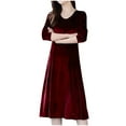 thumbnail image 1 of Vestido midi de terciopelo de manga larga y cintura alta para mujer - Vestido de cóctel de invierno/primavera, corte ajustado, cuello alto, color liso, 1 of 7