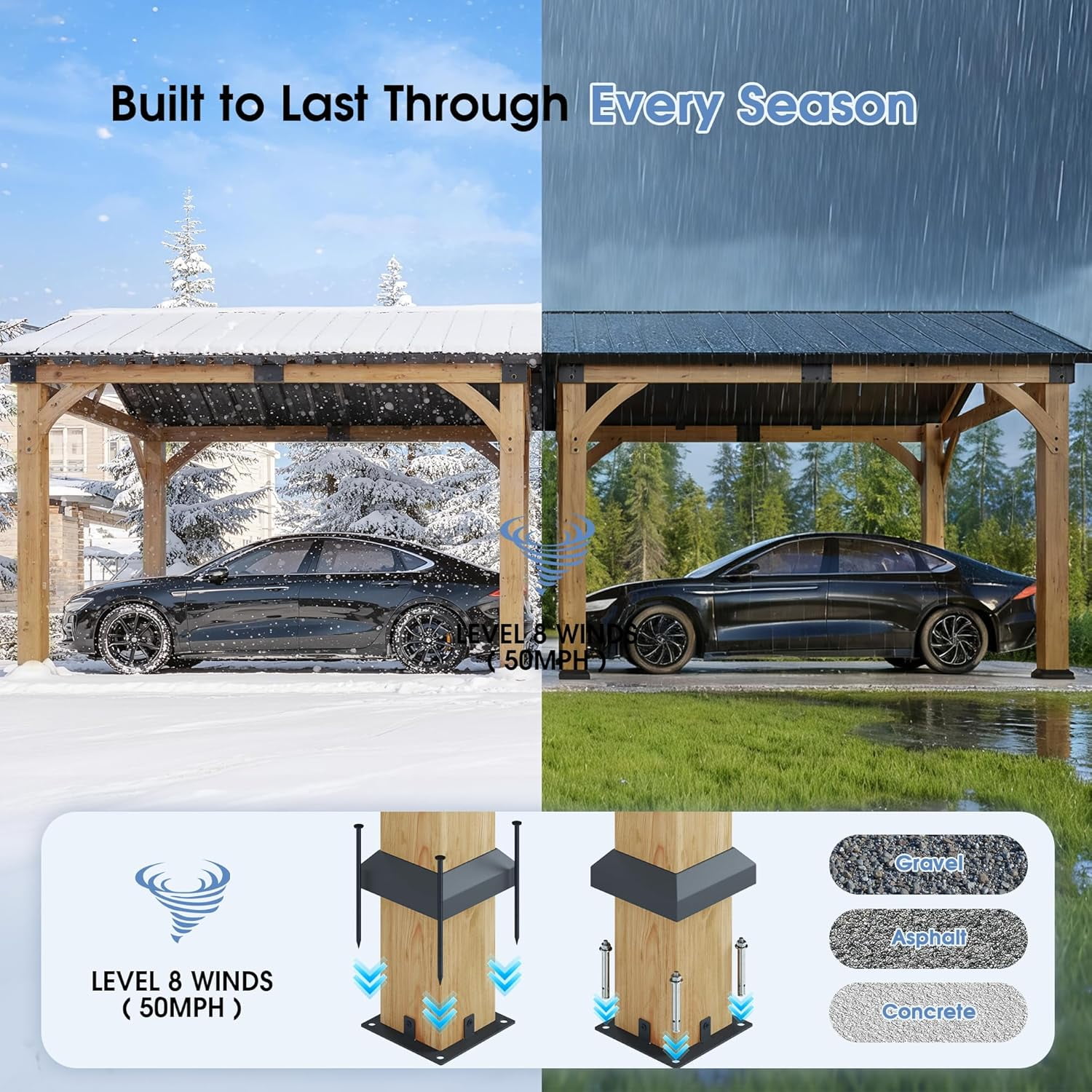 10x24x9 FT Cedar Wood Carport with Steel Roof, Carport Canopy Heavy-Duty, Portable Garage with Snow & Wind Resistant for Patio, Driveway, Garden