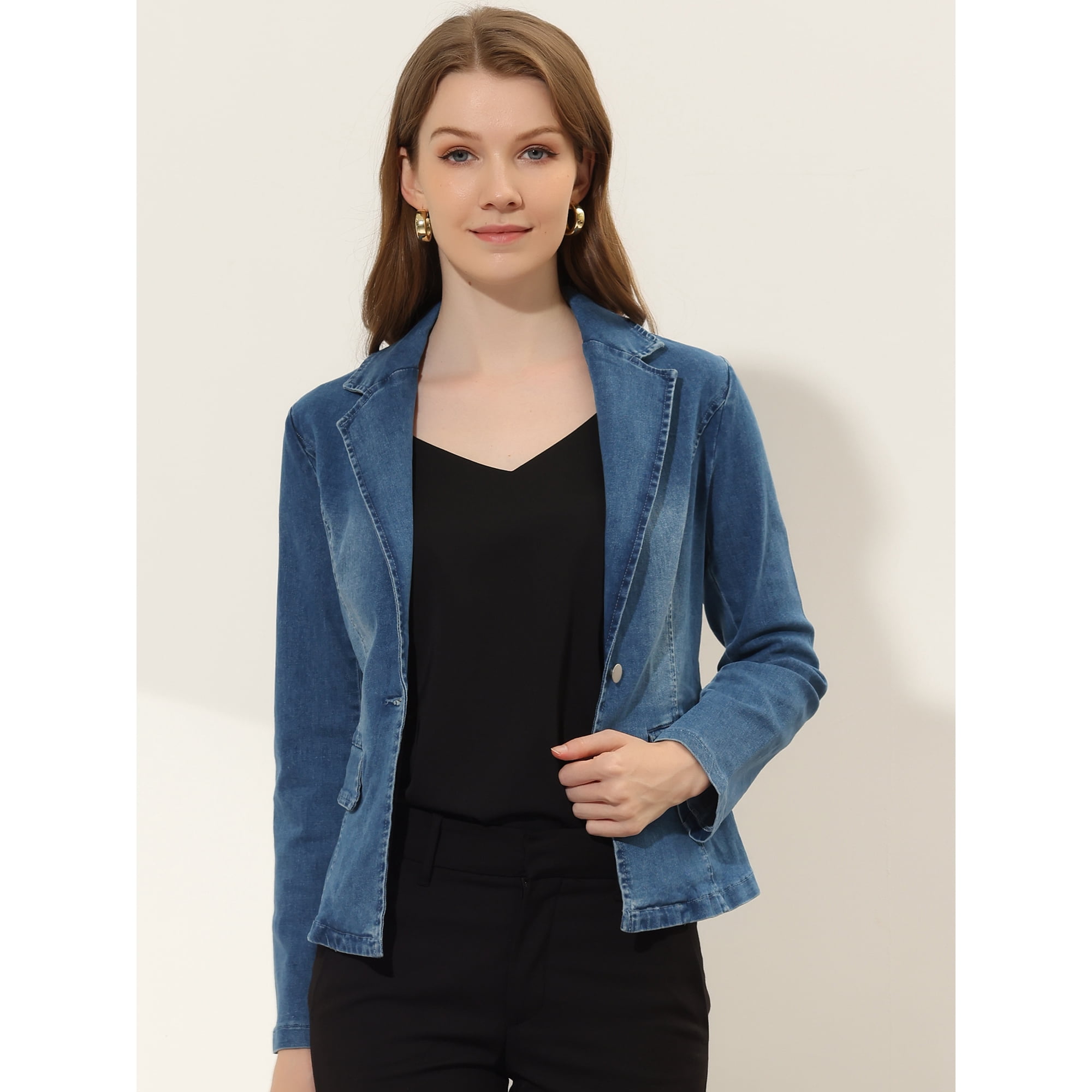 Unique Bargains Women s Notched Lapel Button Up Long Sleeve Washed Denim Jacket Blues XS