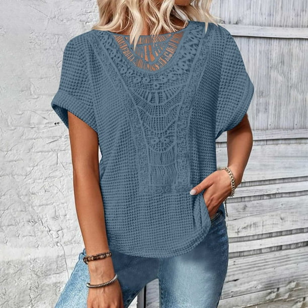 zanvin Women's Blouses, Women's Casual Solid Round Neck Lace Patchwork  Short Sleeved T-shirt Top, Blue, L 