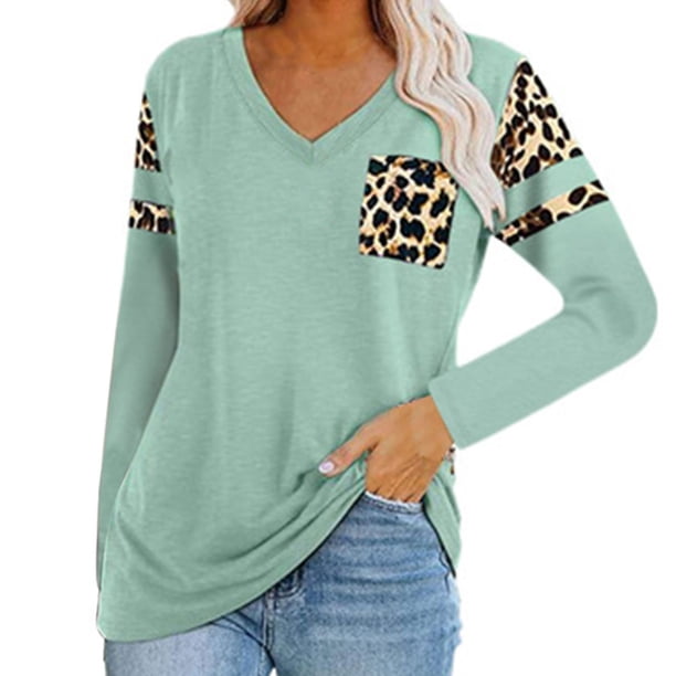 Camiseta informal con cuello en V y manga larga con estampado de leopardo para mujer Fridja hj4073