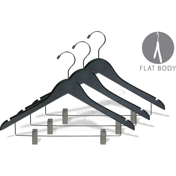 The Great American Hanger Company Black Wooden Combo Hanger with Adjustable Cushion Clips, Case of 50 Flat Hangers with Notches