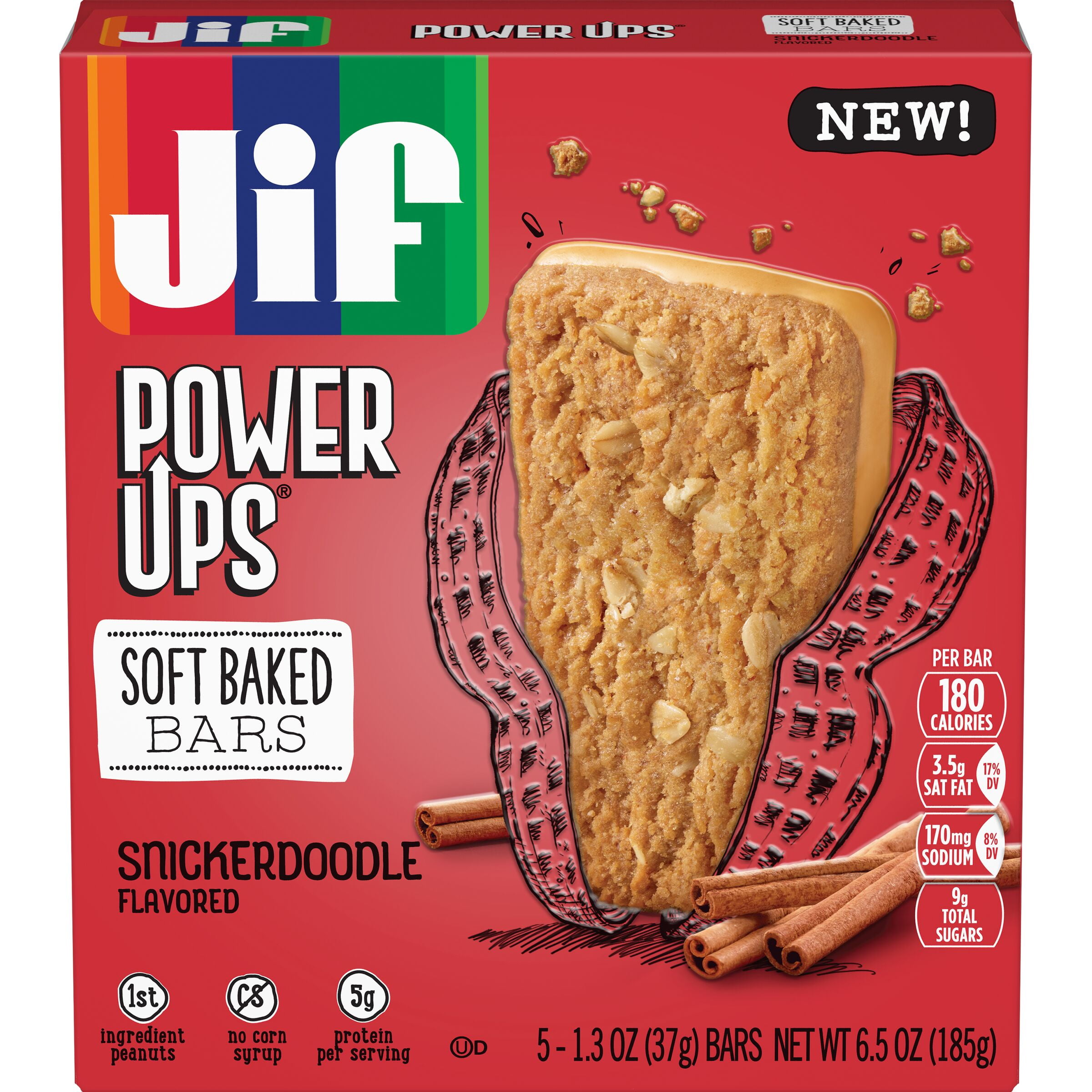 Jif Power Ups Snickerdoodle Peanut Butter Soft Baked Bars, 6.5Ounce, 5