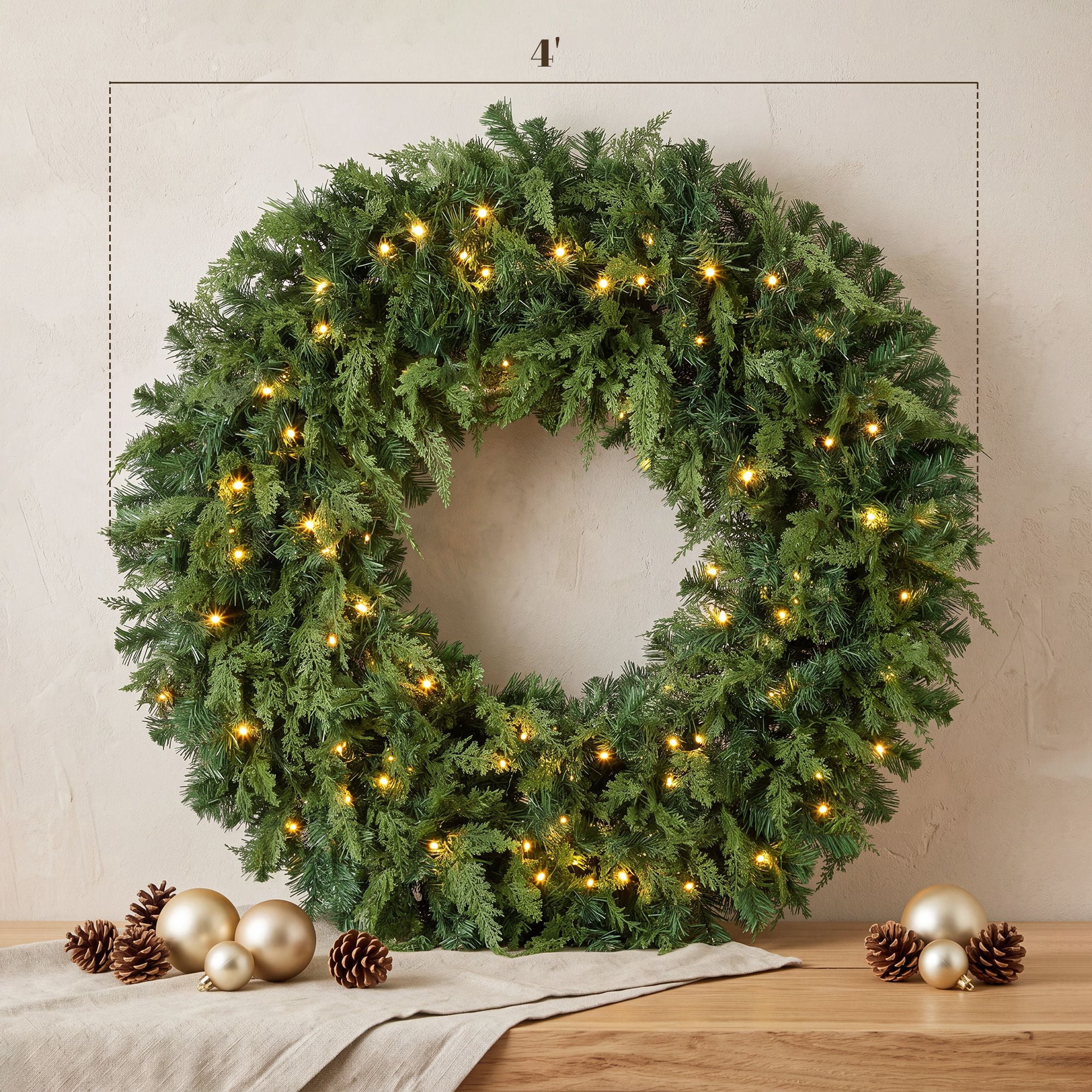 Pre-Lit Artificial Christmas Wreath, 48 in Cedar Design with 150 Warm White LED Lights, 8 Modes, 550 Tips, Indoor and Covered Outdoor Use