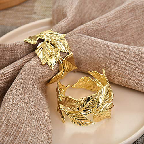 minglong Napkin Rings Set of 12 Rhinestone Leaf Shap Metal Napkin Holder for Wedding Banquet Christmas Dinner Decor Favor Gold