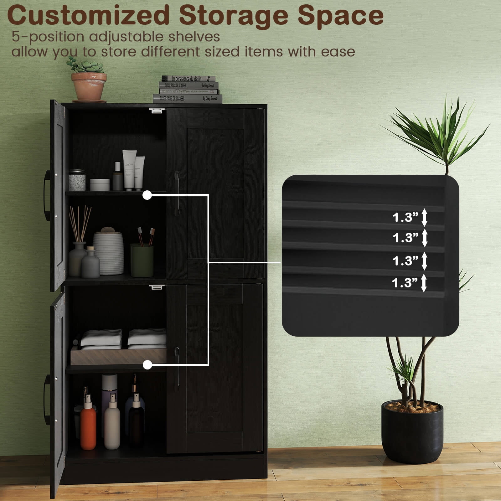 Costway Bathroom Cabinet with Doors & Adjustable Shelves Storage Organizer for Living Room Black