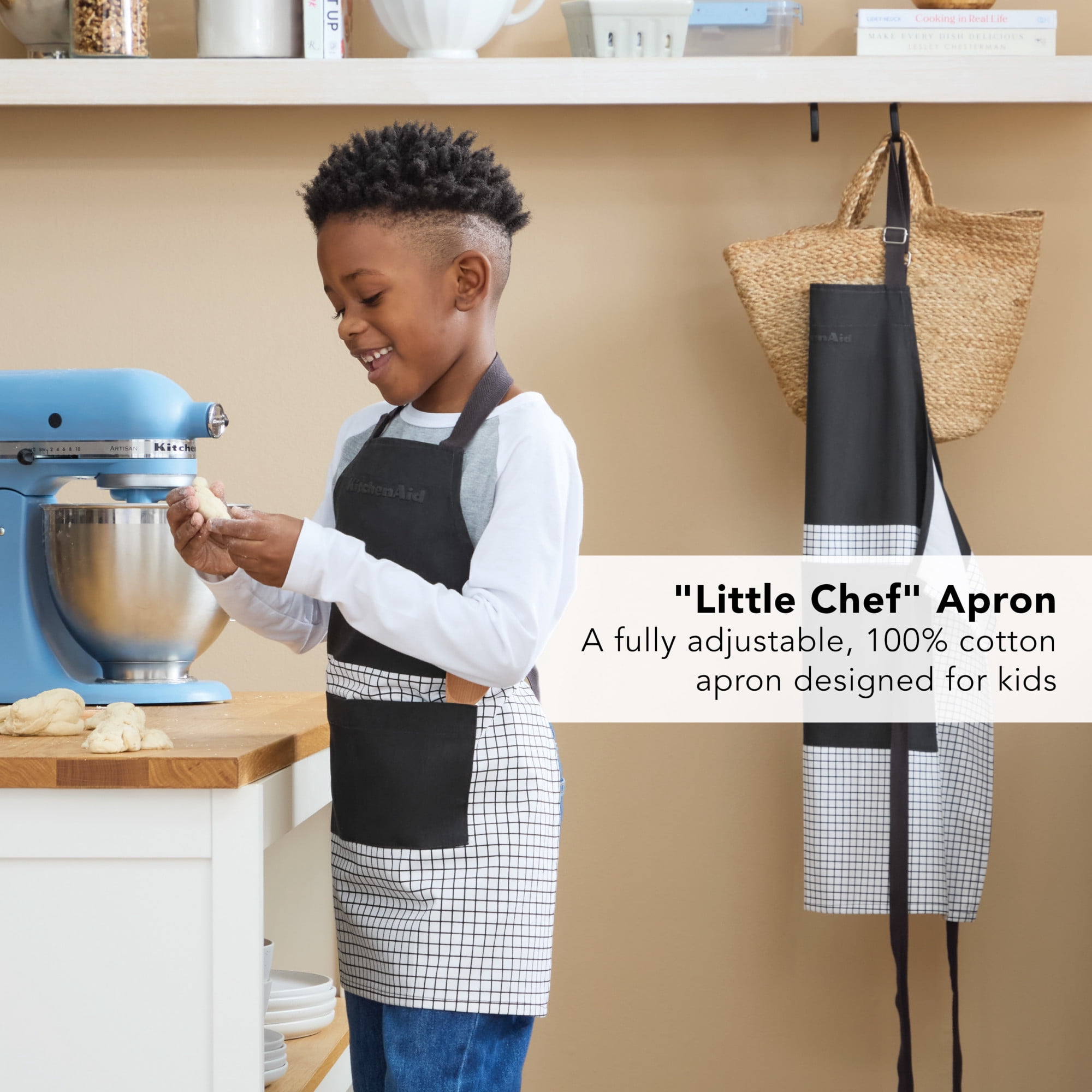 KITCHENAID Gourmet Series Gridlines Little Chef Apron, Water & Stain Resistant, Matte Black, Child-Sized 19"x20"