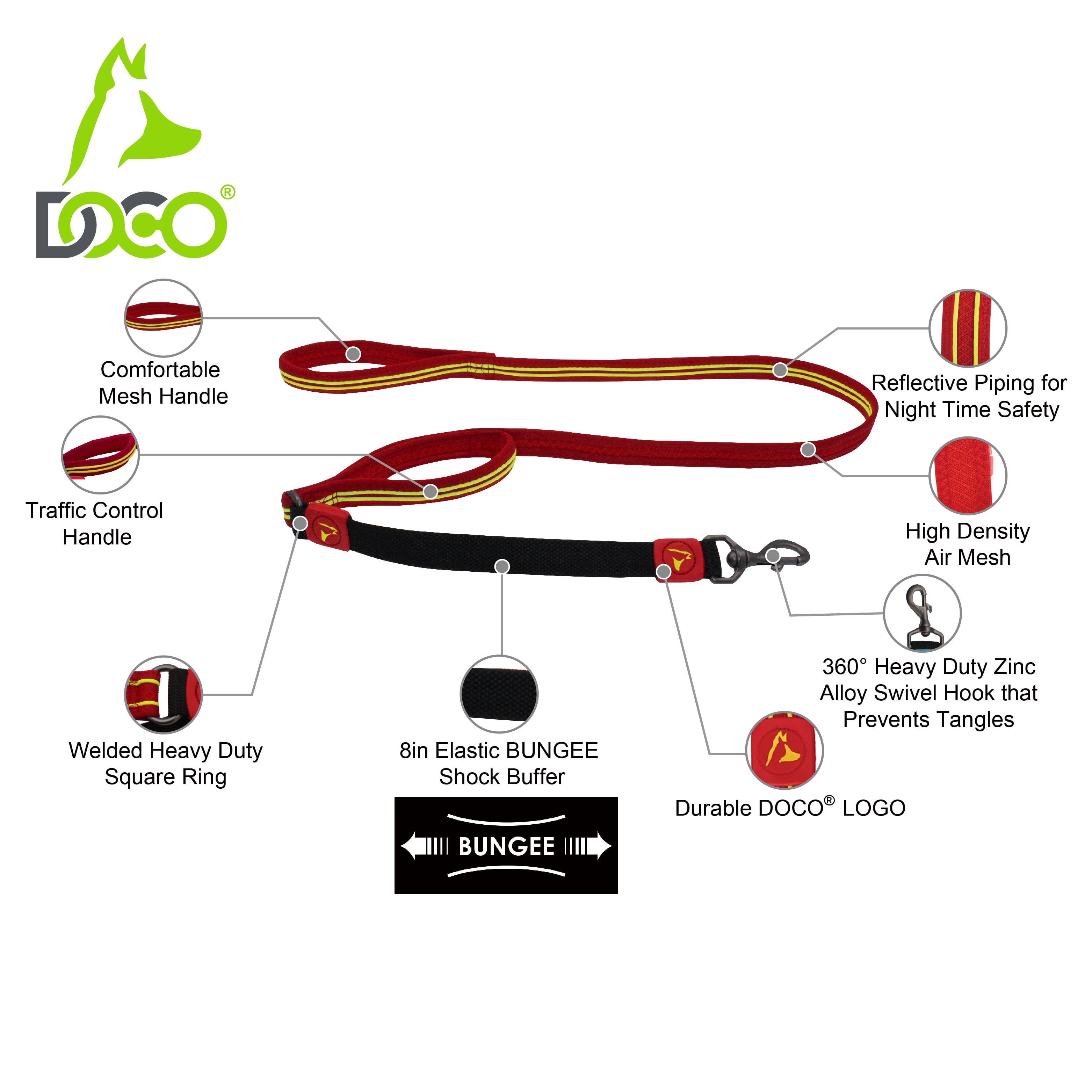 DOCO Solar Shock Absorbing Reflective Mesh Bungee Leash with Double, Traffic Handle for Walking and Training of Small, Medium and Large Dogs