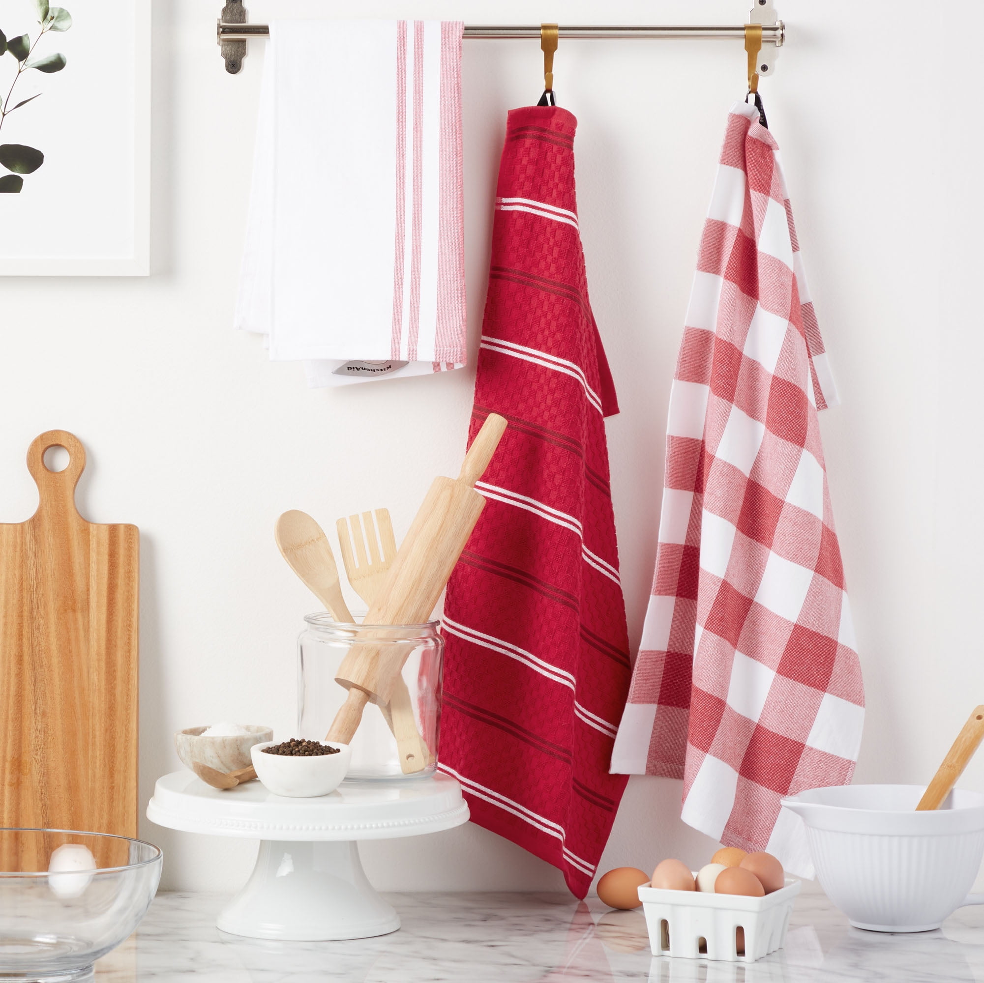 KitchenAid Stripe Gingham Dual Purpose Kitchen Towel 3-Pack Set, Passion  Red, 16 x 28 