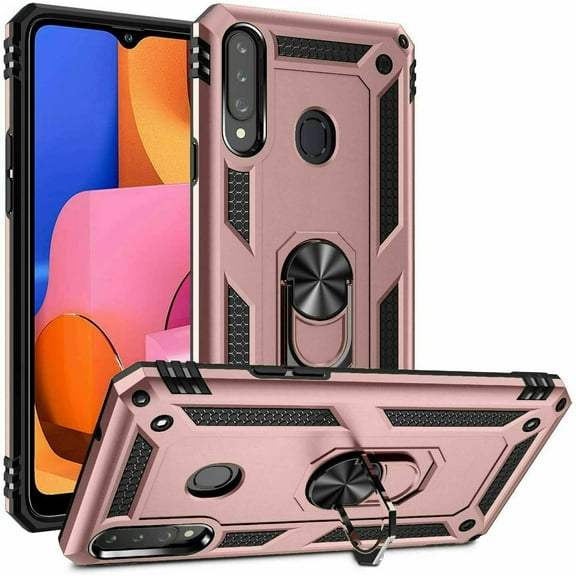 for Samsung Galaxy A20S (NOT Fit Samsung A20/A20E) with Temper Glass Phone Case Ring Magnet Mount Ready Slip Guard Grids Pattern Kickstand Hybrid Slim Shock Bumper Cover (Rose Gold)
