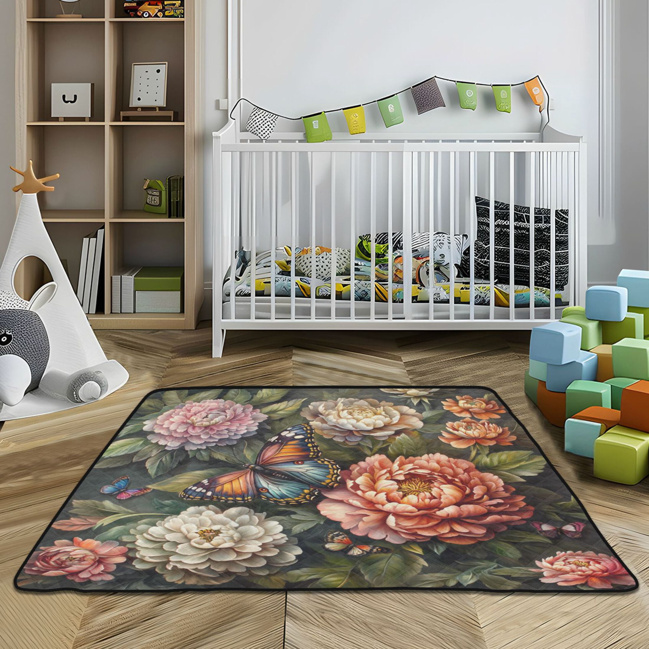 WOBOGO Peony Butterfly Painting Baby Playmats Extra Large Waterproof Rollable Activity Pads for Toddlers 50×50inch