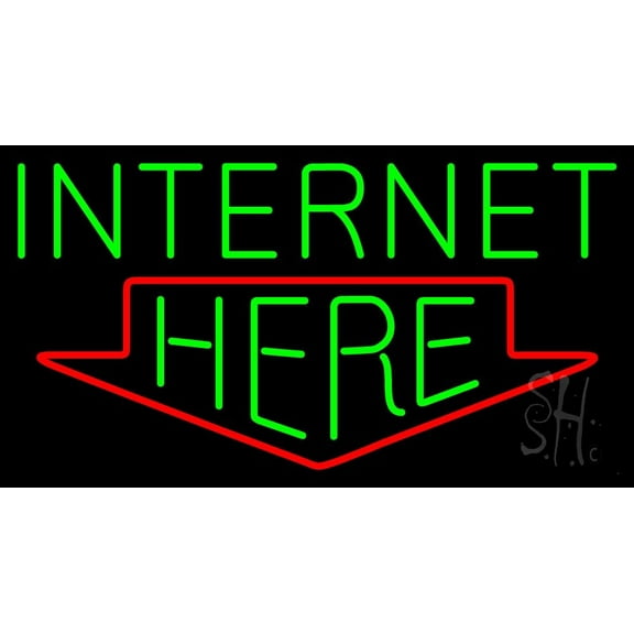 Green Internet Here LED Neon Sign 13 x 24 - inches, Clear Edge Cut Acrylic Backing, with Dimmer - Bright and Premium built indoor LED Neon Sign for Computer & Electronics store decor.