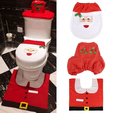 Santa Bathroom Set 1 Set/3-pack Happy Fancy Happy Santa Toilet Seat Cover and Rug Set Bathroom Set Decoration Contour Rug Christmas Decoration ()