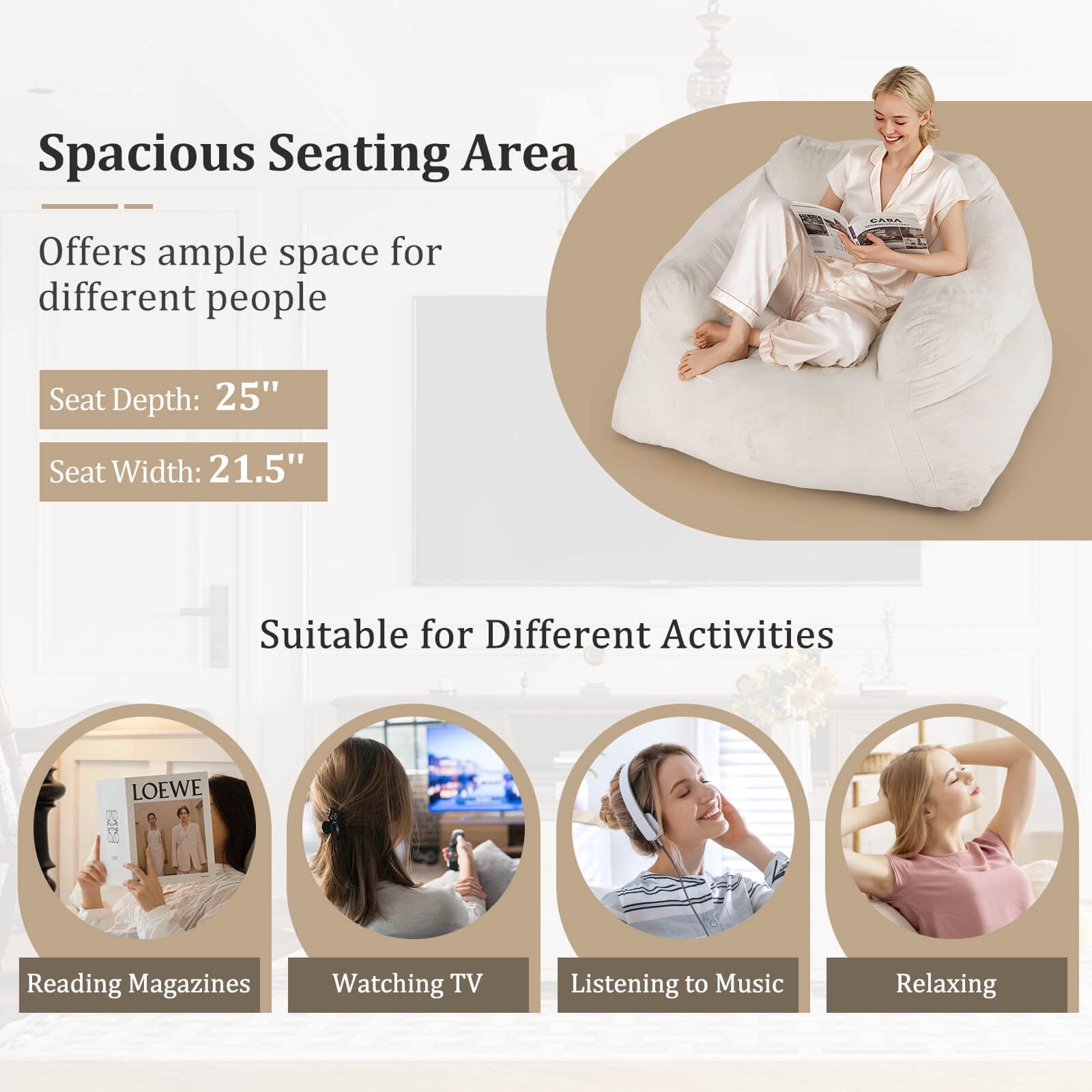 Costway Bean Bag Chair for Adults Plush Lazy Sofa with Ultra-soft Velvet Cover Beige