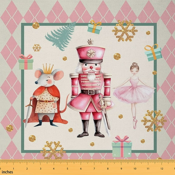 Homewish Kawaii Pink Nutcracker Fabric by the Yard 1 Yard for Kid, Cartoon Princess Room Decor Fabric by the Yard, Vintage Buffalo Plaid Sewing Fabric, Microfiber Bedroom Decor