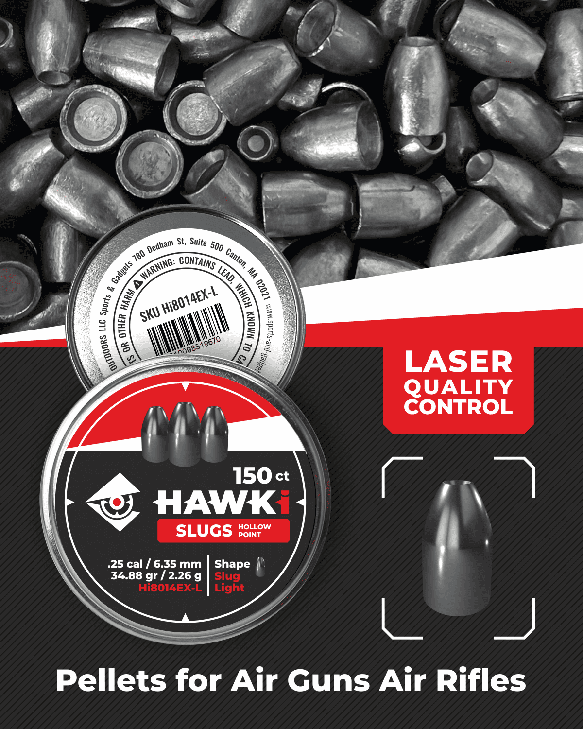 Hawki Airgun Pellets for Air Rifles Slug Light .25 cal / 6.35mm Caliber (34.88 gr/2.26 g) 150 ct Hi8014EX-L | Designed for Hunting