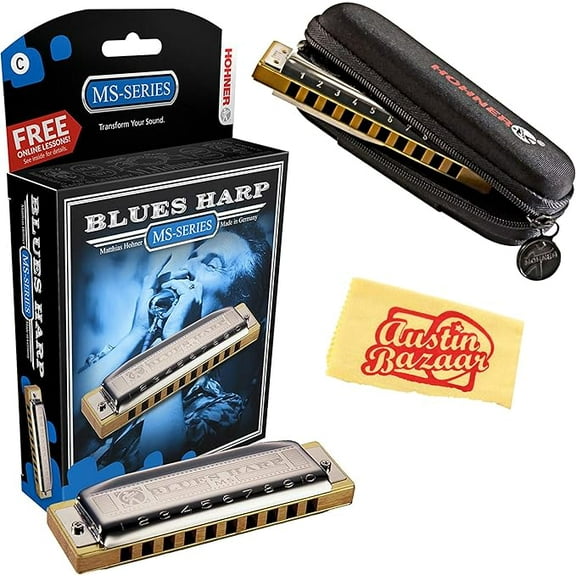 Hohner 532 Blues Harp MS Harmonica - Key of F Bundle with Carrying Case, Polishing Cloth