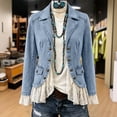 thumbnail image 4 of Women’s Lapel Denim Jacket Vintage Button Front Casual Coat Lace Ruffle Hem Boho Long Sleeve Jean Outerwear for Daily Wear Blue, 4 of 6
