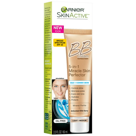 Garnier SkinActive 5-in-1 Miracle Skin Perfector BB Cream Light/Medium for Oily/Combo Skin with SPF 20 2.0 fl. oz. (Best Drugstore Bb Cream For Oily Acne Prone Skin)