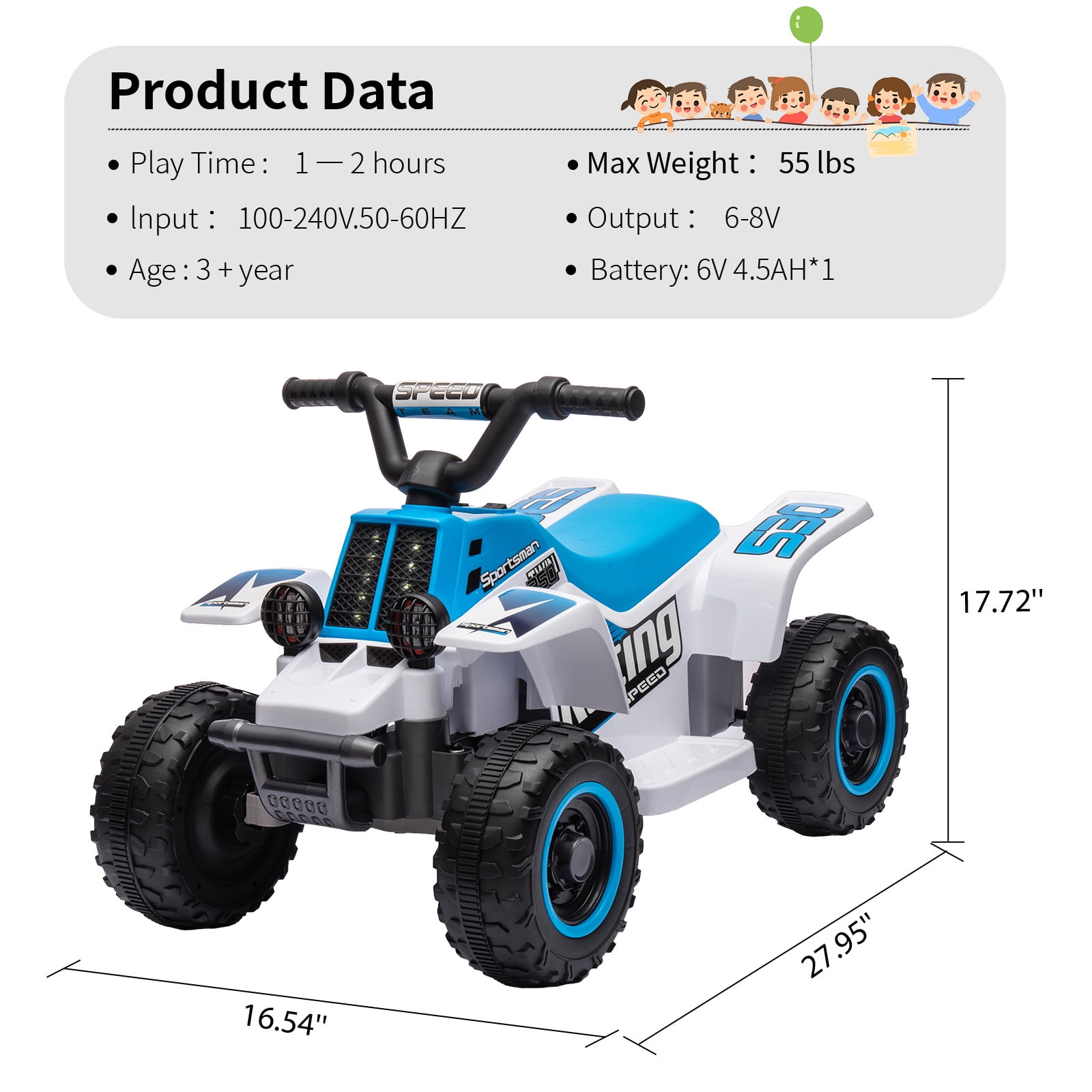 Luku Kids Ride On ATV, 6V Ride On Car with Led Headlights, Music, Treaded Tires, Rubber Handles, Push-Button Accelerator, forward & Reverse