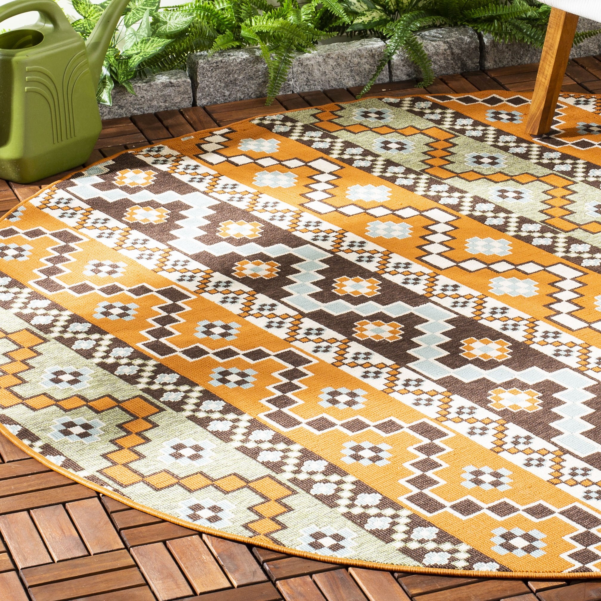 SAFAVIEH Veranda Luwig Geometric Indoor/Outdoor Area Rug, Terracotta/Chocolate, 5'3" x 5'3" Round
