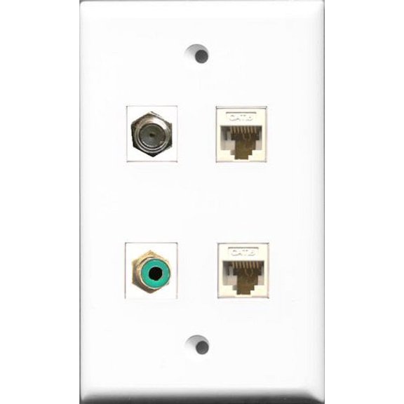 RiteAV 1 Port RCA Green and 1 Port Coax Cable TV- F-Type 2 Port Cat6 Ethernet White Wall Plate
