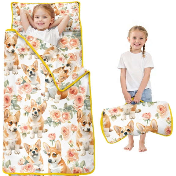 Corgi Dog and Flower Florals Toddler Nap Mats for Kids Preschool,Sleeping Mat Bag or Kids,Toddler Sleeping Bag,Toddler Nap Mat or Daycare