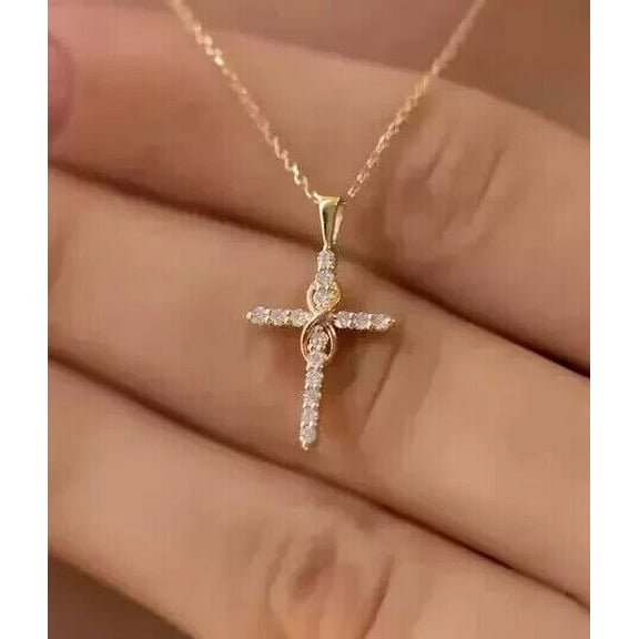 Sparkle Jewels Cubic Zirconia Inifnity Cross Dainty Pendant Necklace 14K Yellow Gold Finish Silver
