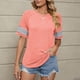 thumbnail image 2 of Camisa de manga corta para mujer, Top de cuello redondo con retazos a rayas a la moda para verano, 2 of 6