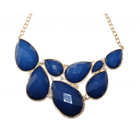 Large Stone Drop Necklace Lux Accessories Faceted Royal Blue Teardrop Stone Rhinestone Bib Statement Chain Necklace ()
