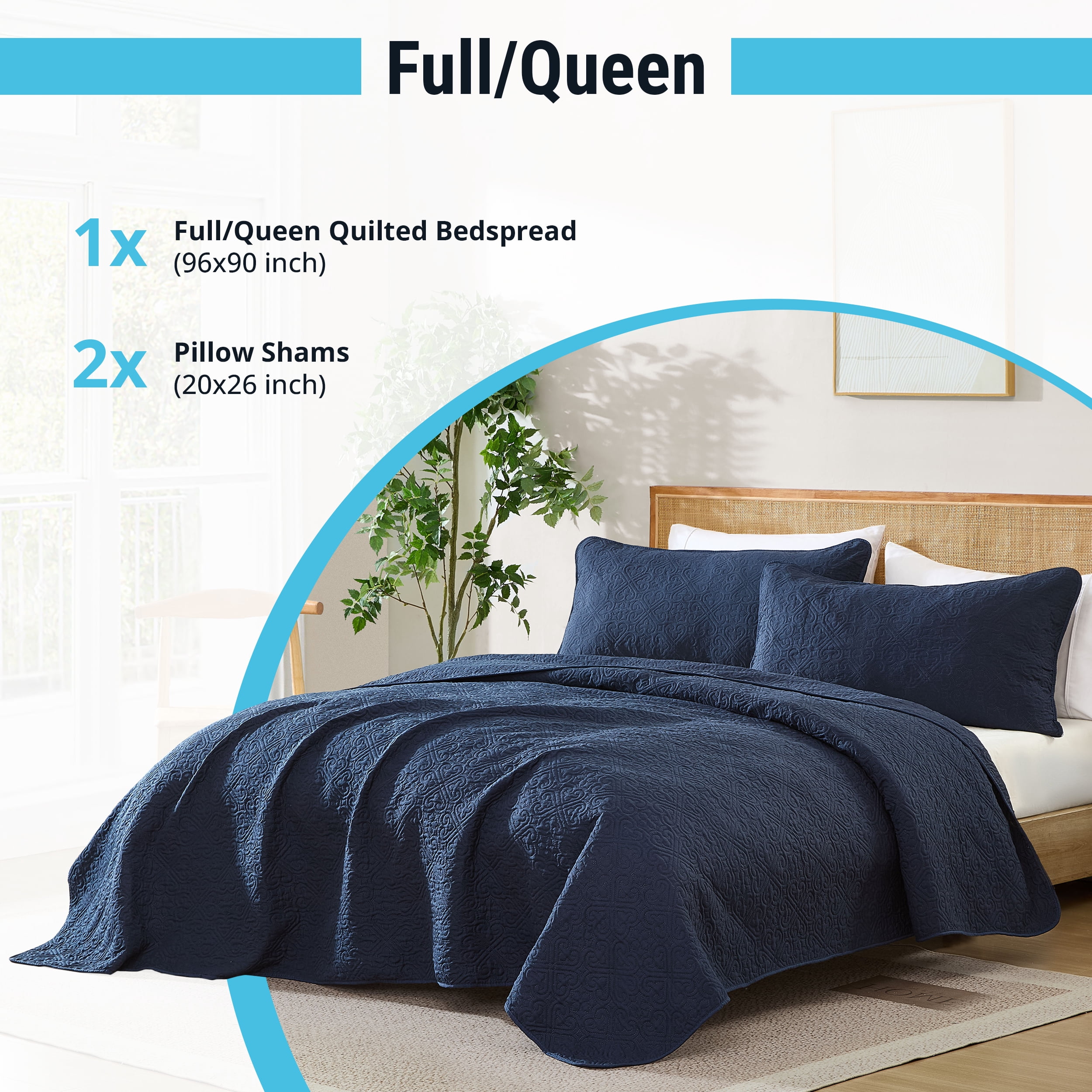 THD Loren - 3 Piece Full Queen Size Quilt Set, Lightweight Queen Bedspread Coverlet Set (Full/Queen, Navy Blue)