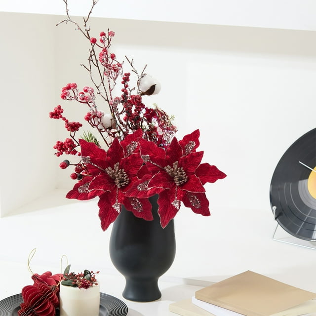 Iumwxz Fleurs de Noël Artificielles Rouges pour Décoration de Vacances Arrangement Matériau en Tissu Vase Floral Faux Centre de Table Décoration Festive Intérieure et Extérieure