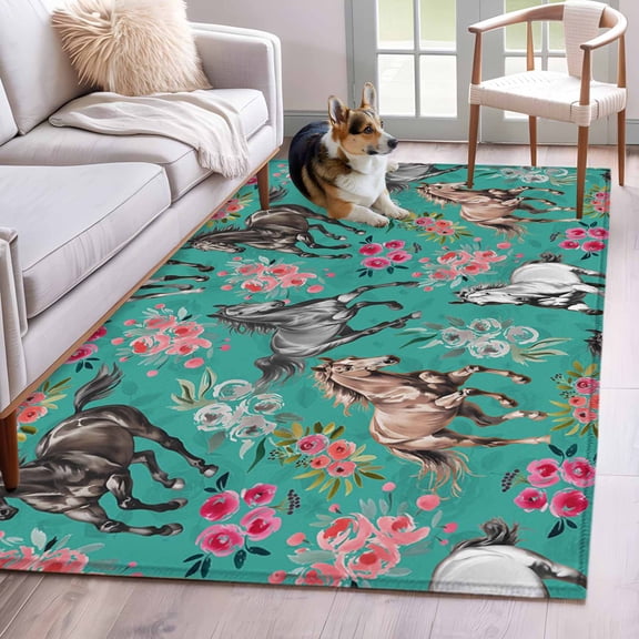 Rectangle Area Rugs 2.7 x 5 Ft, Pink Flowers Non-Slip Residential Carpet, Black Brown White Horse Country Retro Teal Indoor Crawling Mats Runner Rugs for Living Room/Dining Room/Bedroom