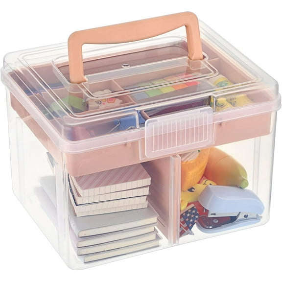 ABPETE 2 Layer Clear Plastic Dividing Storage Box with Removable Tray Multipurpose Stationery Storage Box with Handle Portable Sewing Box Art Craft Supply Organizer Home Utility Box (Small Pink)