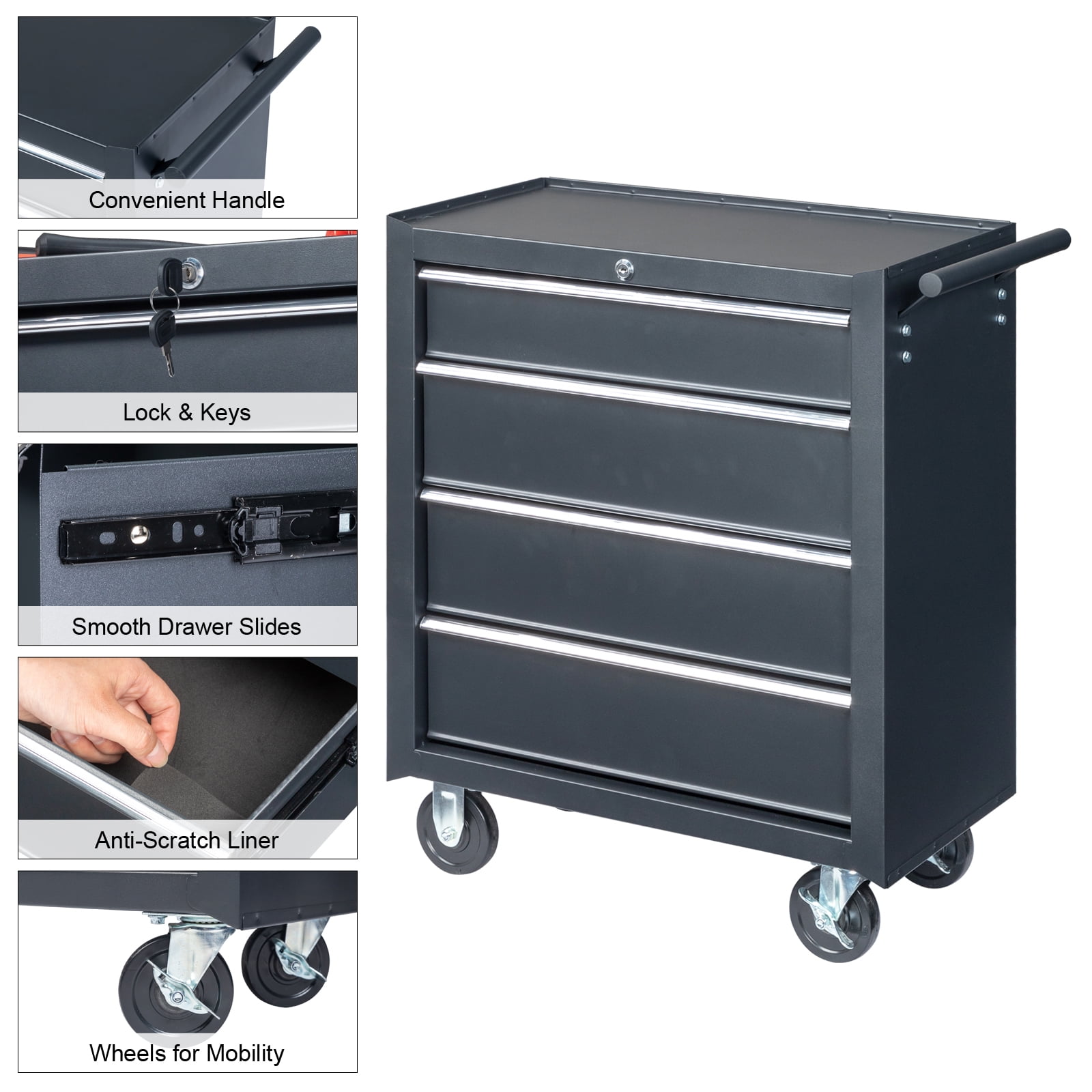 Seizeen 4-Drawer Rolling Tool Box, Garage Tool Chest Large Capacity, Lockable Tool Cart Organizer on Wheels with Sliding Drawers, Black