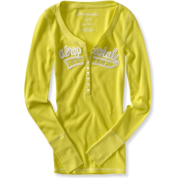 Aeropostale Camiseta Henley Térmica de Manga Larga para Mujer, Verde, XS