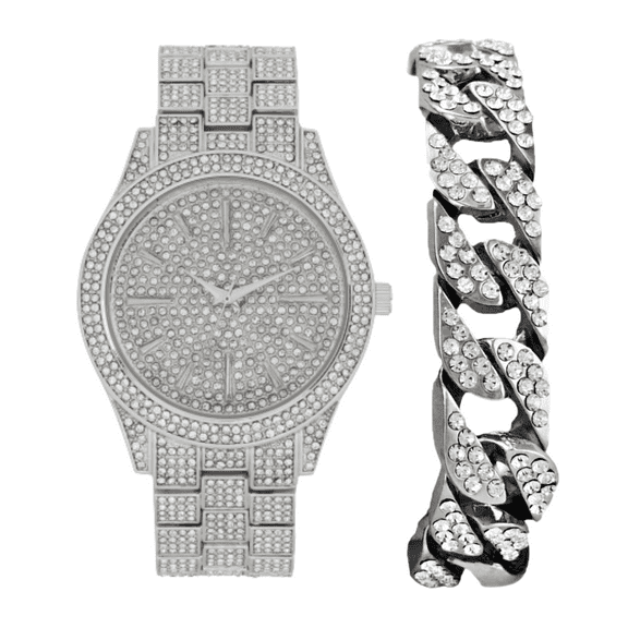 Charles Raymond Bling'ed Out Sophisticated Diamond Ritzy Iced Sporty Faux Chrono Decor Luxury Timepiece – ST10576-Cuban Silver
