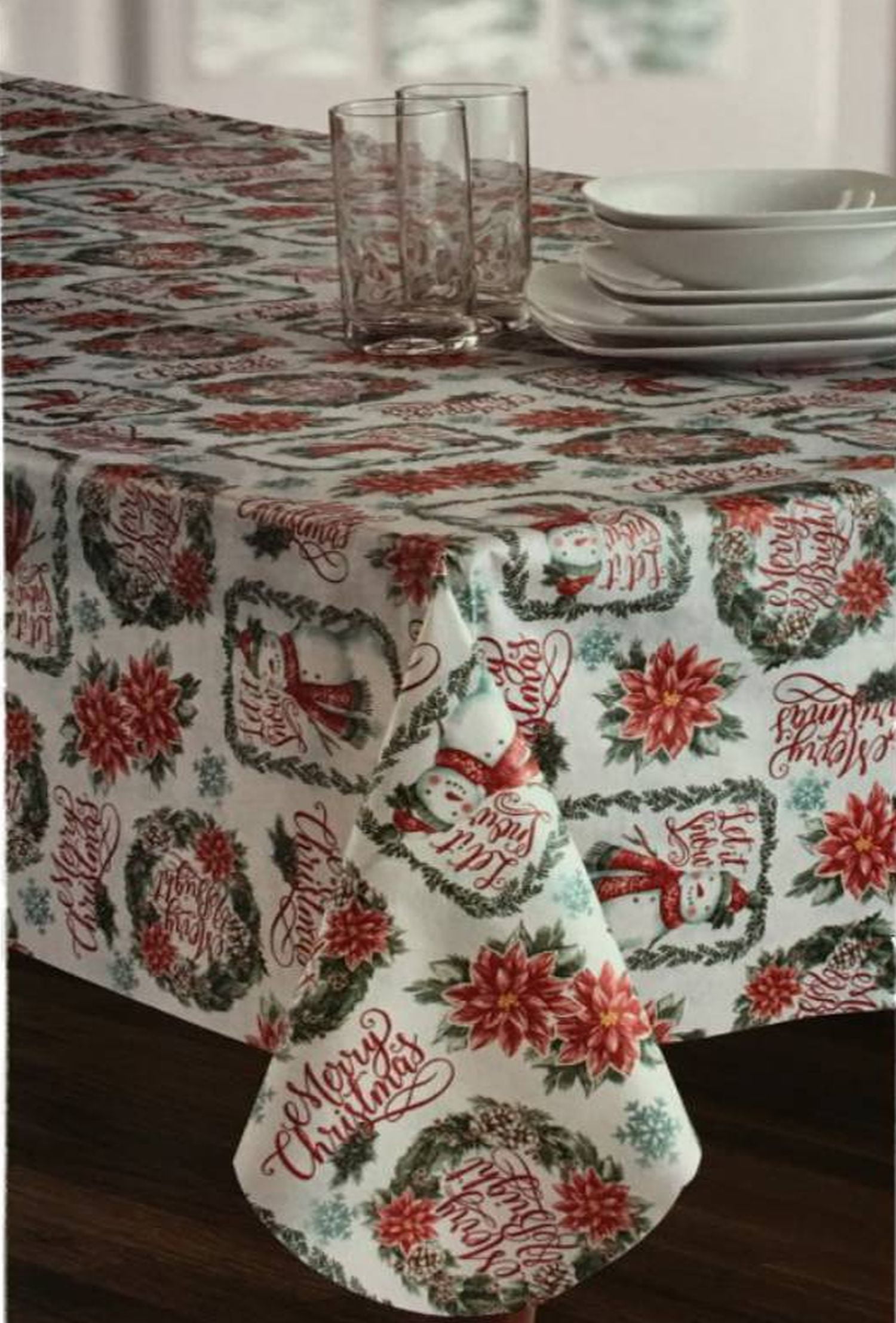 Winter Wonderland Merry Christmas Snowman Vinyl Tablecloth, Table Cloth 60x84 Ob