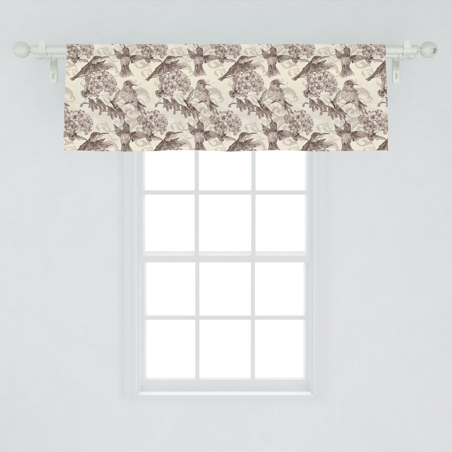 Hummingbirds Window Valance, Birds and Flowers Monochromic Classical